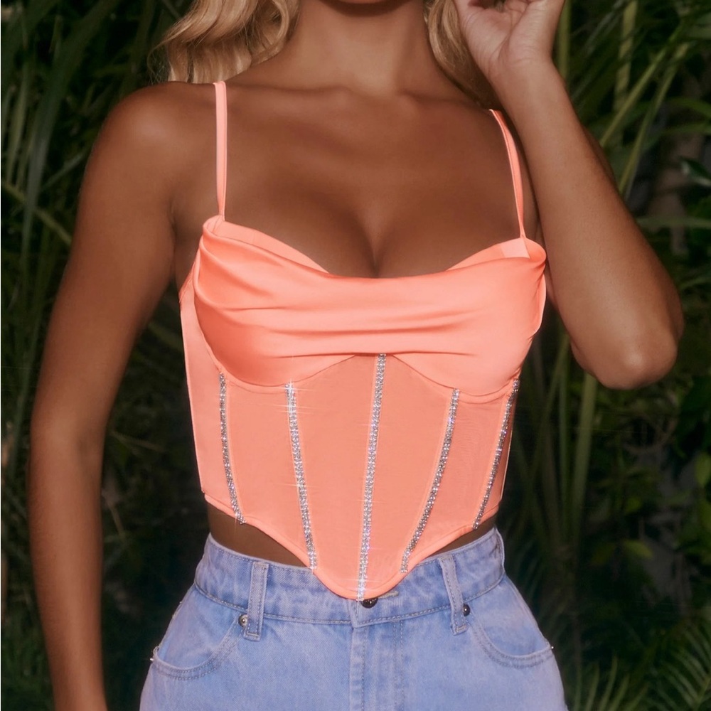 Oh Polly Neon Peach Corset Camisole with Rhinestone Trim